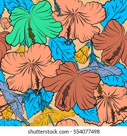 Multicolored vector seamless illustration. Tropical seamless pattern with many multicolor abstract flowers on beige background.