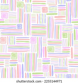 Multicolored vector seamless pattern of different hand-drawn dashes. Pattern for pastel linen and stationery.