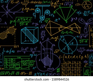 Multicolored vector seamless pattern with figures, calculations and formulas