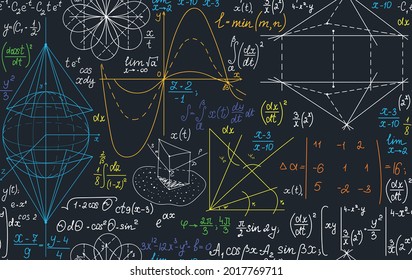 Multicolored vector seamless pattern with handwritten geometry and algebra formulas