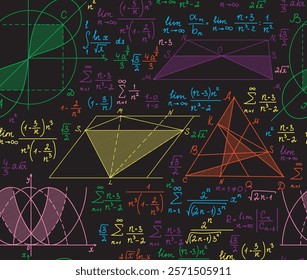 Multicolored vector seamless pattern with handwritten mathematical formulas, equations and figures