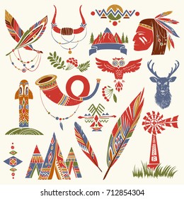 Multicolored Vector Set of Hand-drawn Illustrations of Native American Culture, Hunting and Northern Decor