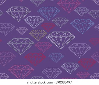 Multicolored vector silhouettes faceted gems on purple background. Seamless jewelry pattern. Wallpaper gem, jewel, gemstone, precious stone, precious gem, stone, precious jewel 
