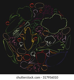 Multicolored vegetables in shape of circle on a dark background.