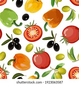 Multicolored vegetables in a vector pattern.Tomatoes, olives and peppers on a white background in a colored seamless pattern.