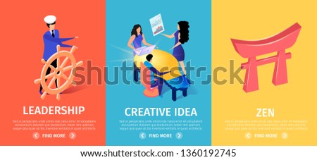 Multicolored Vertical Banners Set with Copy Space. Guy in Cap Driving Steering Wheel, Leadership. People Developing Creative Idea in Office, Zen Hieroglyph Sign. 3D Flat Vector Isometric Illustration