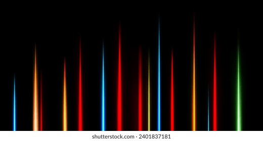 Vigas láser verticales multicolores aisladas en un fondo negro. Rayas brillantes. Ilustración del vector abstracto.