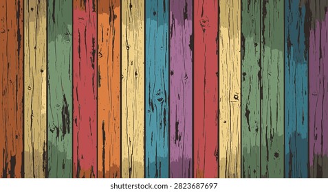 Multi-colored vertical wooden planks with distressed texture and weathered grain details. Vibrant rainbow wood board background featuring orange, yellow, green, red, blue, and purple tones.