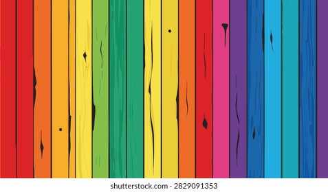 Multi-colored vertical wooden planks with visible grain and knots. Rainbow painted wood fence background featuring red, orange, yellow, green, blue, and purple slats.