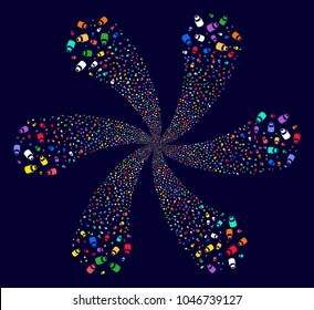 Multicolored Vial twirl bang on a dark background. Vector abstraction. Psychedelic curl designed from scatter vial objects.