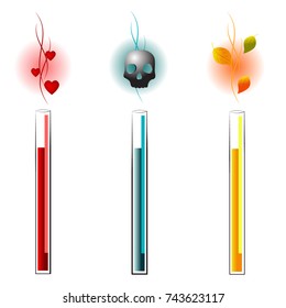 Multicolored vials with poisons and symbols in the form of hearts,leaves and skulls.Vector illustration.