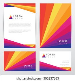 Multicolored vibrant corporate identity letterhead and business card mockup templates with abstract geometric pattern design and colorful triangle logo element