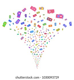 Multicolored Video Card Gpu fireworks fountain. Object fountain made from random video card GPU pictographs as fireworks. Vector illustration style is flat iconic symbols with psychedelic colors.