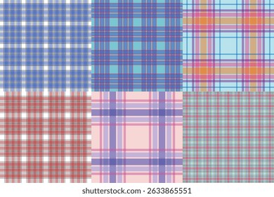 Multicolored vintage autumn plaid 6 pattern set - seamless tartan check fabric design for textile, fashion and digital backgrounds