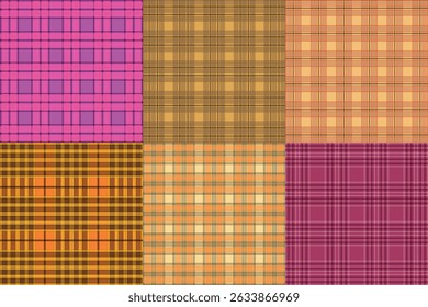 Multicolored vintage autumn plaid 6 pattern set - seamless tartan check fabric design for textile, fashion and digital backgrounds