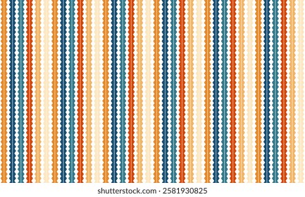 Multicolored Vintage color background, Abstract blue spiky vertical strip repeat seamless on white background, rapport patter print, orange, yellow, green, blue