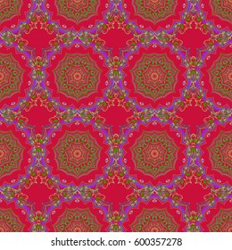 Multicolored vintage seamless pattern on a red background. Abstract vector multicolored texture. Low poly multicolor pattern illustration.