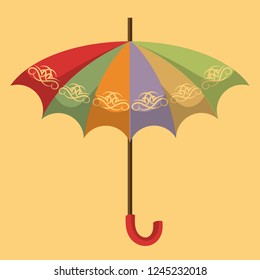 Multicolored vintage umbrella with a pattern on the edge. Flat. Vector illustration