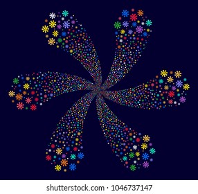 Multicolored Virus cyclonic twist on a dark background. Vector abstraction. Suggestive twirl combined from random virus objects.