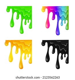Lunas viscosas multicolores colocadas sobre un fondo blanco. Aceite líquido que fluye brillante, cariño. Ilustración de dibujos animados.