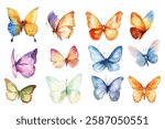 Multicolored vivid butterflies illustration vector set. Flying butterflies isolated on white. Summer insects.