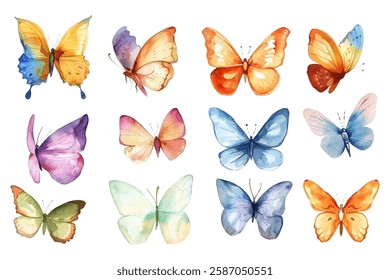 Multicolored vivid butterflies illustration vector set. Flying butterflies isolated on white. Summer insects.