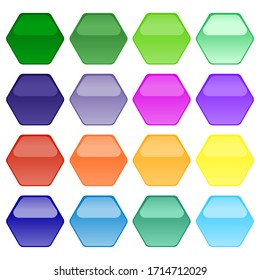 Mehrfarbige volumetrische Knöpfe in Form eines Hexagons in gesättigter Farbe mit Spiegeleffekt. mehrfarbige Schaltflächen auf weißem Hintergrund. Grafiken der Vektorillustration. Stockfoto.