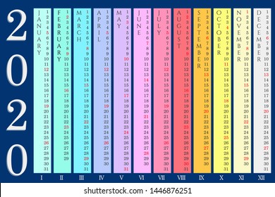 Multi-colored wall calendar 2020 with vertical months on navy blue background. Vector, english language