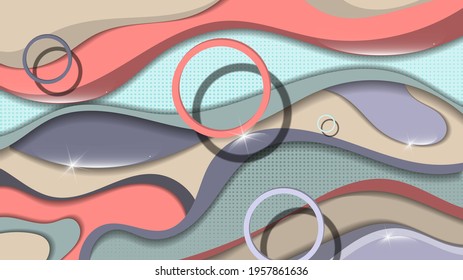 multicolored wallpaper with Paper Cut effect. rings of different sizes on a background of overlapping textured shiny stripes with wavy edges. vector 
