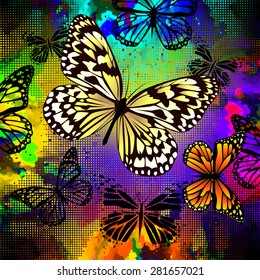 Multicolored watercolor background with butterflies. Vector