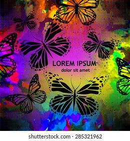 Multicolored watercolor background with butterflies. Vector