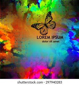 Multicolored watercolor background with butterflies. Vector