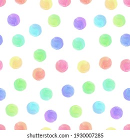 Multicolored watercolor circles on a white background. Hand drawn seamless pattern, vector illustration.  Texture for fabric, wrapping, wallpaper. Decorative print.