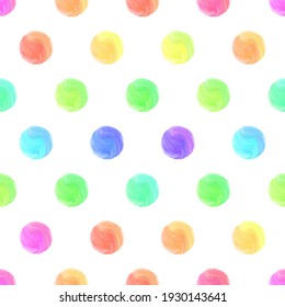 Multicolored watercolor circles on a white background. Hand drawn seamless pattern, vector illustration.  Texture for fabric, wrapping, wallpaper. Decorative print.