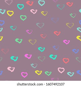 Multicolored watercolor hearts on a purple background. Vector pattern