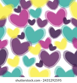 Multicolored watercolor hearts seamless backgroung. Wallpaper illustration with diverse hearts, gay pride background print.