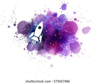 Multicolored watercolor imitation cosmos background with stars and flying rocket. Vector illustration