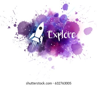 Multicolored watercolor imitation cosmos background with stars and flying rocket. Vector illustration