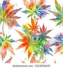 Multicolored watercolor marijuana seamless pattern. Vector illustration