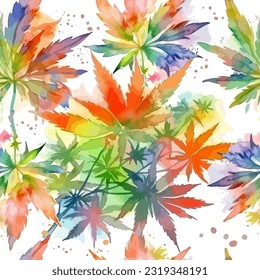 Multicolored watercolor marijuana seamless pattern. Vector illustration
