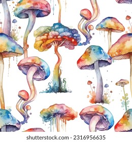 Multicolored watercolor mushrooms seamless pattern. Vector illustration