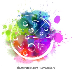 Multicolored watercolor paint splash with grunge painted pizza symbol