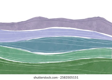 Multicolored watercolor stripes background. Green summer concept. Green field watercolor texture with line art, smooth wallpaper, paper grunge texture