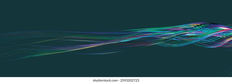 Multicolored wave of glowing dots. Futuristic dot wave of bright particles, on dark background. Interweaving effect. Futuristic background for presentation design. Wide format vector illustration.