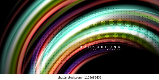 Líneas de onda multicolores sobre el diseño de vectores de fondo negro
