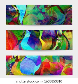 Multicolored wavy pattern overlapping gradient  filtered shapes. Vibrant light effect stained glass window or cubism art painting banner template. Abstract vector template for marketing technologies.