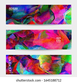 Multicolored wavy pattern overlapping gradient  filtered shapes. Vibrant light effect stained glass window or cubism art painting banner template. Abstract vector template for marketing technologies.