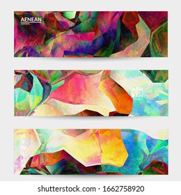 Multicolored wavy pattern overlapping gradient  filtered shapes. Vibrant light effect stained glass window or cubism art painting banner template. Abstract vector template for marketing technologies.