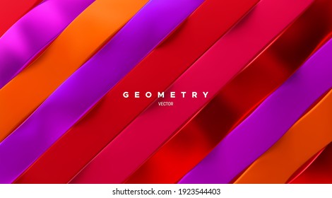 Multicolored wavy ribbons. Geometric minimalist backdrop. Sliced surface. Modern cover design. Abstract background. Vector illustration. Slanted stripes