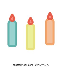 Multicolored wax candles with flame. In flat style